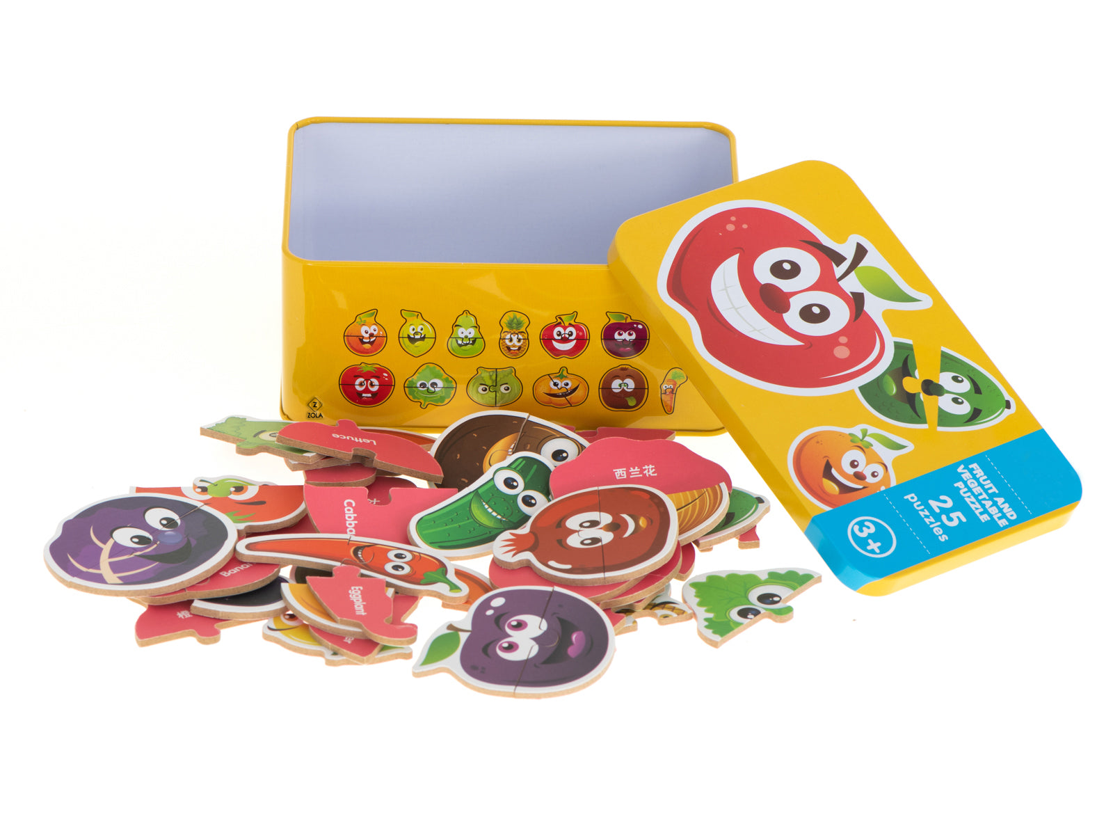 Set 25 de puzzle-uri educationale, Zola®, modele diferite, cu fructe, cutie depozitare metalica Set 25 de puzzle-uri educationale, Zola®, modele diferite, cu fructe, cutie depozitare metalica